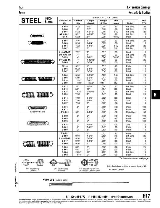 Ressort utilitaire, type à extension, double boucle, extrémités centrées, diamètre extérieur 7/16 po, longueur totale 6 3/8 po, pas de fil 0,047 po. Fil MB en acier à ressort étiré à froid, zingué.