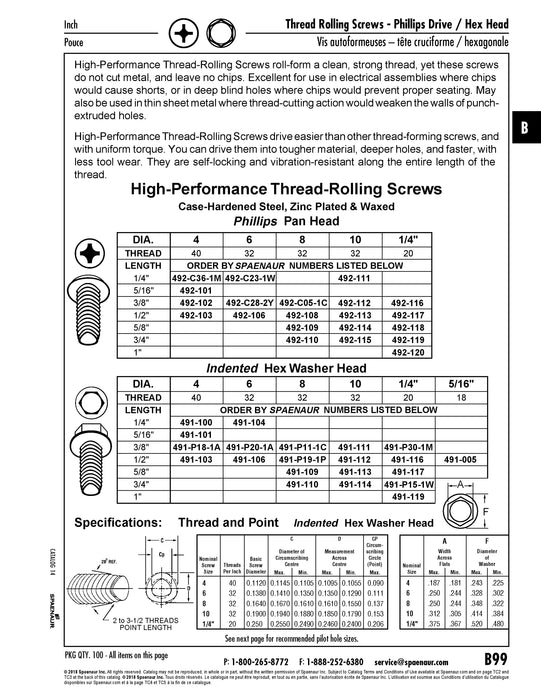 Thread Rolling Screws, Pan Head Phillips Drive, Fully-Threaded, 1/4"-20 x 5/8" Length, Case Hardened Low Carbon Steel Zinc Plated