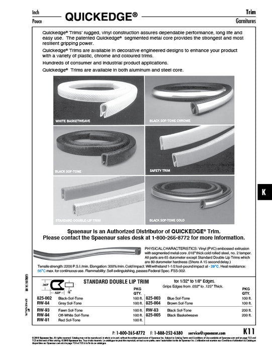 Garniture à double lèvre standard, Grey-Sof-tone pour bords de 1/32 po à 1/8 po x 100 pi/bobine Plastique/acier flexible par QuickEdge®
