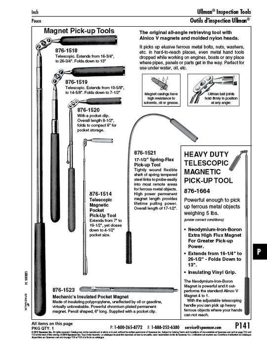 Magnetic Retrieving tool, Flexible Shaft, 17 1/2" Spring Steel, Chrome Plated