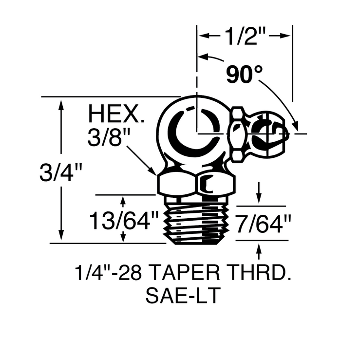 GRease Fitting, 90 Degrees, 1/4"-28 UNF Taper Thread, 3/8" Hex, 3/4" O/A HT, Stainless Steel Plain