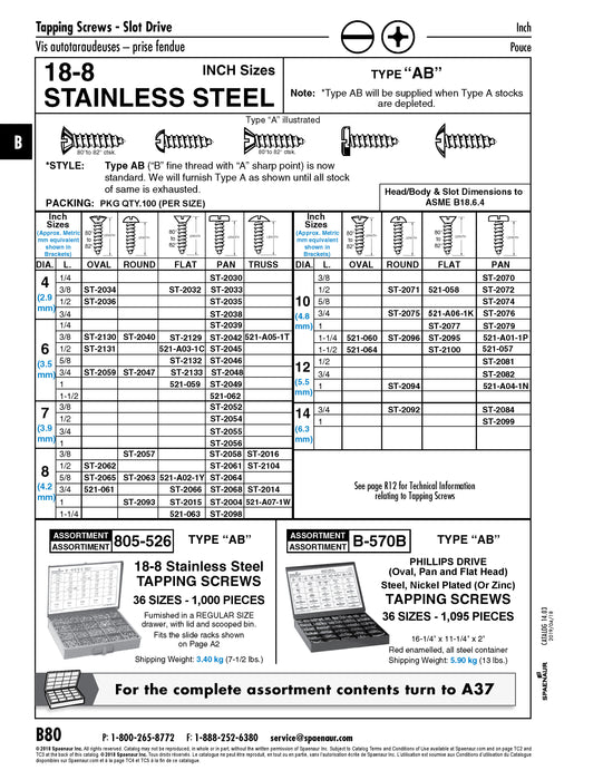 Tapping Screw, Pan Head Slotted Drive, Type AB, #10 x 3/4" Length, Stainless Steel