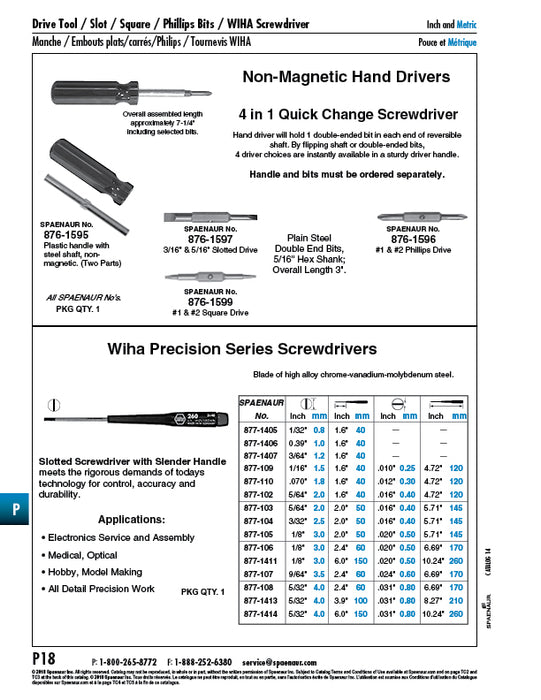 Tournevis de précision à fente Wiha, pointe de 3,0 mm (1/8) x lame de 150 mm, acier à outils Cvm, finition chromée, par Spaenaur Inc.