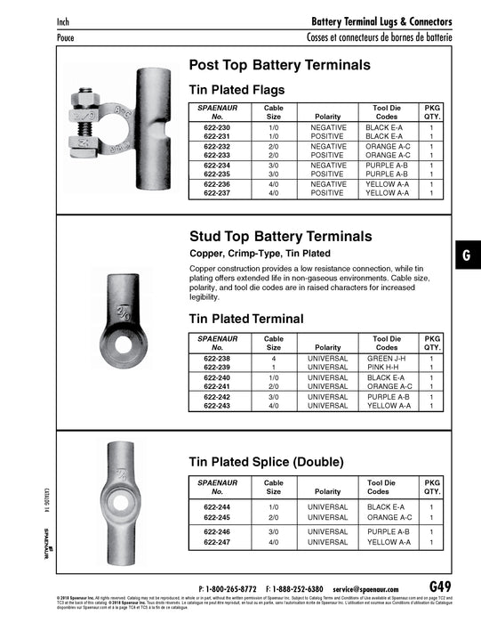 Stud Top Battery Terminal, Crimp-Type #3/0 Cable, UNIversal Polarity Copper, Tin Plated