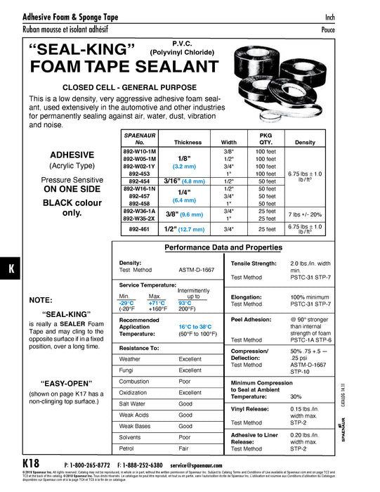 Seal King Foam Tape Sealant, Closed Cell, Adhesive One Side 1/2" THK x 3/4"Wide(12.7mm THK x 18mm Wide) x 25 Ft Per Pack Polyvinyl Chloride Black
