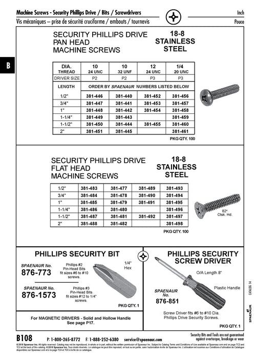 Security Screw, Pan Head Security Phillips Drive, 1/4"-20 UNC x 1" Length, Stainless Steel
