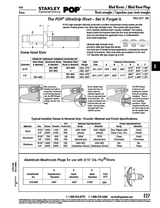 Mushroom Plug for 3/16" DIA Rivets .432" Head DIA x .1195" Stem DIA Aluminum Material