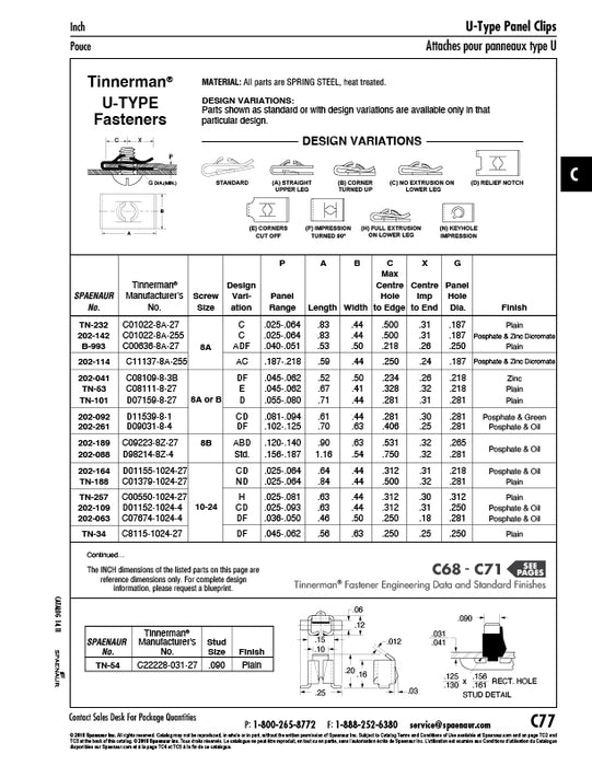 "U" Type Spring Nut "Cd" Design #10-24 UNC x .025-.064" Panel x .64" LG x .44" Wd Spring Steel Heat Treated Soluble Oil Dipped by Spaenaur Inc.