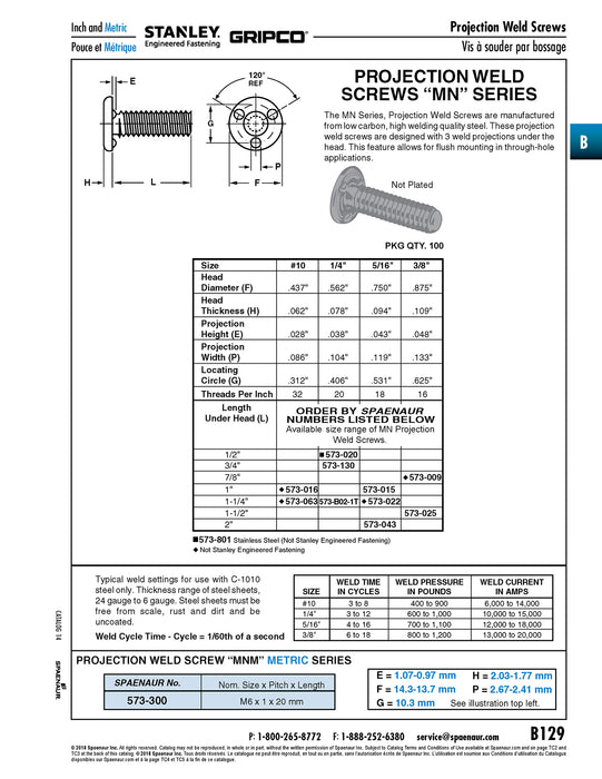 Projection Weld Screw Three Projections Under Head #10-32 UNF x 1 1/4" LONG C1008-1010 Steel Plain Finish by Spaenaur Inc.