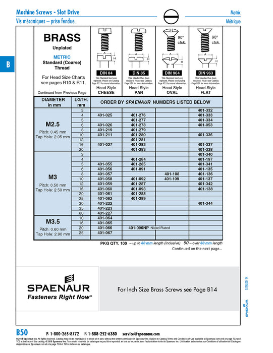 Machine Screw, Flat Head, Slotted Drive, M2.5 x 0.45 mm UNC x 3 mm Length, Brass Plain by Spaenaur Inc.