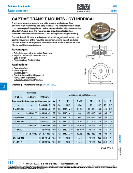 Anti-Vibration Mount Medium Type, 45kg Max Load 63mm DIA x 35mm HT, M10 THRD Rubber / Steel / Black 60 Degree Irh