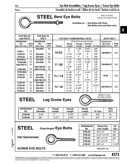 Boulon à œil coudé (sans écrou) 3/8 po-16 UNC x 6 po L.T.A., œil de 1 po de diamètre intérieur Acier zingué