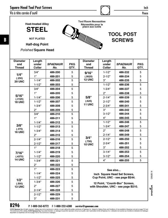 Tool Post Screw, Polished Square HD Half Dog Point 3/8" - 16 UNC x 1-1/2" LONG Alloy Steel Plain