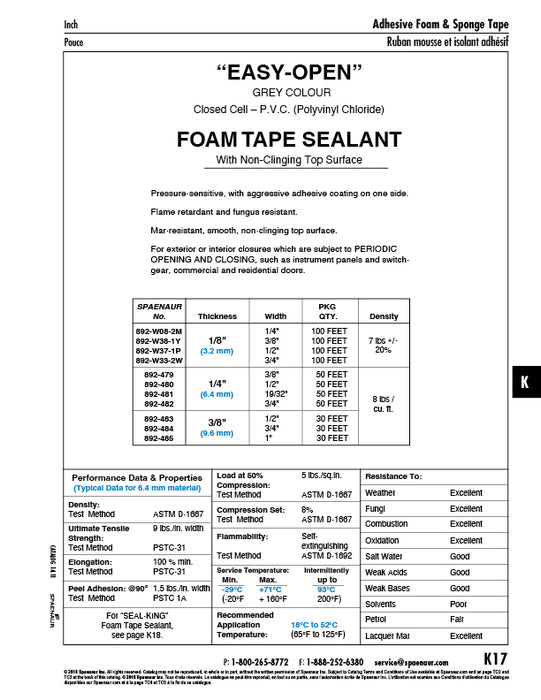 Easy-Open Foam Tape Sealant, Closed Cell, Adhesive One Side 3/8" THK x 1/2"Wide(9.6mm THK x 12mm Wide) x 30 Ft Per Pack Polyvinyl Chloride Grey by Spaenaur Inc.