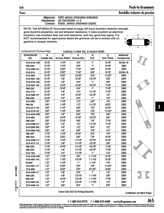 Diaphragm Rubber Grommet, 5/16" ID x 1/8" Groove Width x 3/4" Groove Dia. x 3/8" O/A Thickness, SBR