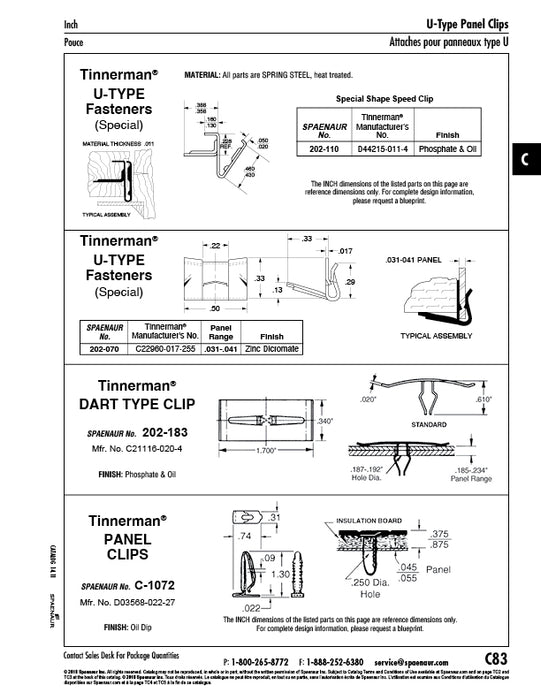 Dart Clip 1/4" DIA Hole, 3/8-7/8" Panel Range Spring Steel Heat Treated Soluble Oil Dipped