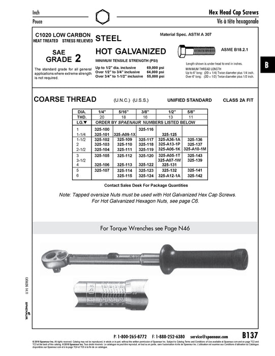 Vis à tête hexagonale 1/4"-20 UNC x 1" LG Grade 2 Acier galvanisé à chaud ANSI B18.2.1-1965