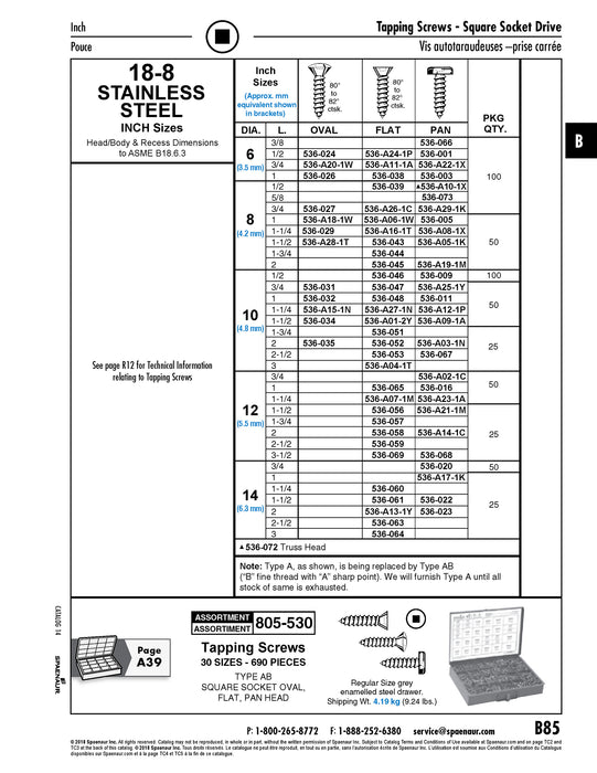 Tapping Screw, Oval Head Square Socket Drive, Type AB, #10 x 1-1/4" Length, Stainless Steel by Spaenaur Inc.