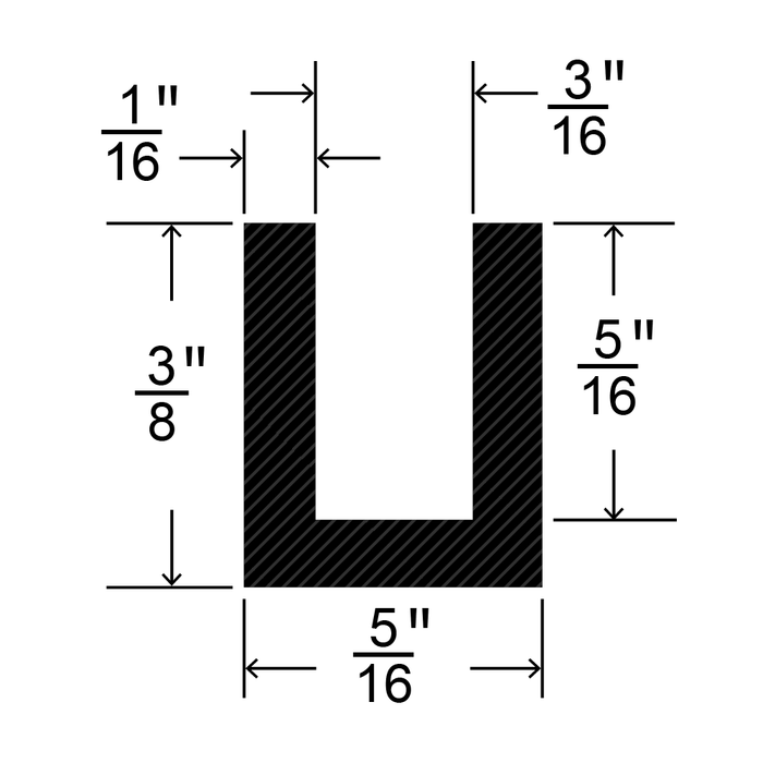 "U" Shaped Extruded Channel 5/16" Base x 3/8" HT x 1/16" x 50Ft EPDM 70+-5% Duro by Spaenaur Inc.