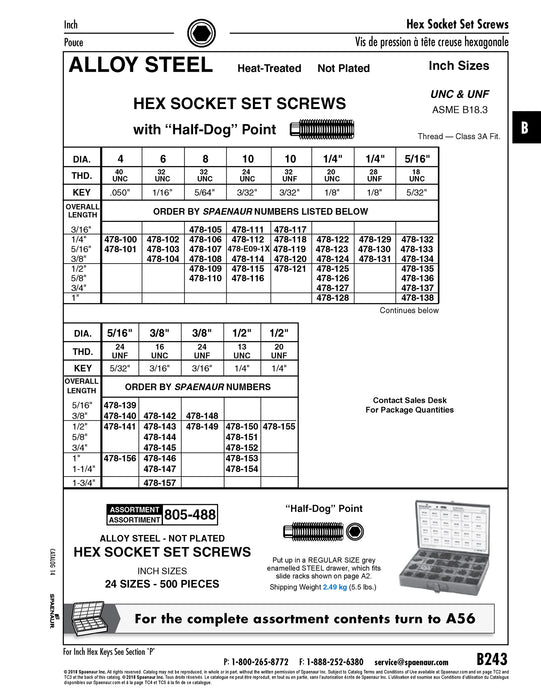 Hex Socket Set Screw Half Dog Pt #10-24 UNC x 5/8" LG Alloy Steel Heat Treated Plain ANSI B18.3-1986
