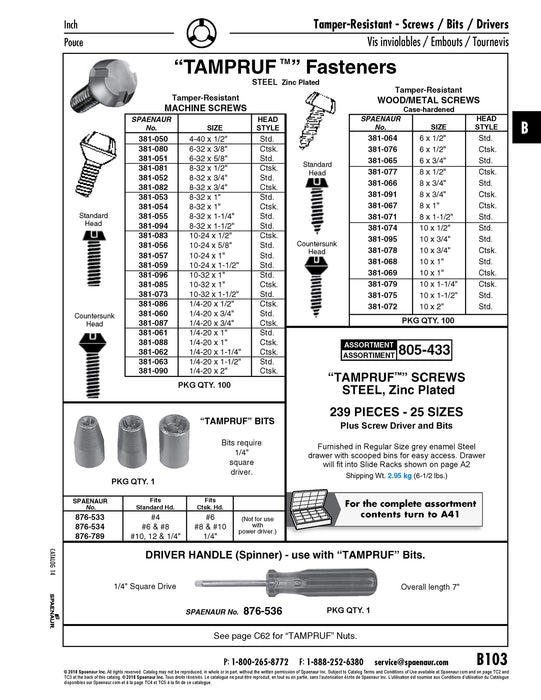 Assortiment de vis à tôle et à tarauder « Tampruf », avec douilles et tournevis, 21 tailles, 237 pièces, dans une boîte métallique, par Spaenaur Inc.