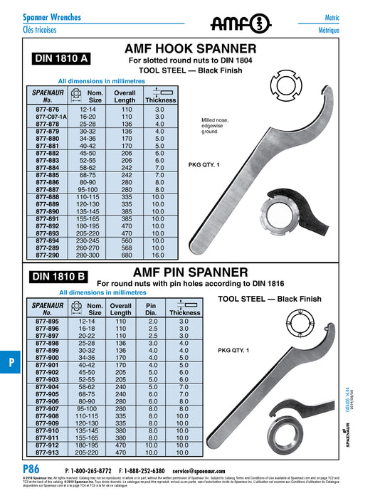 Hook Wrench with Pin, DIN 1810B 68-75mm, 6mm Pin DIA, 240mm O/A LG Steel Black