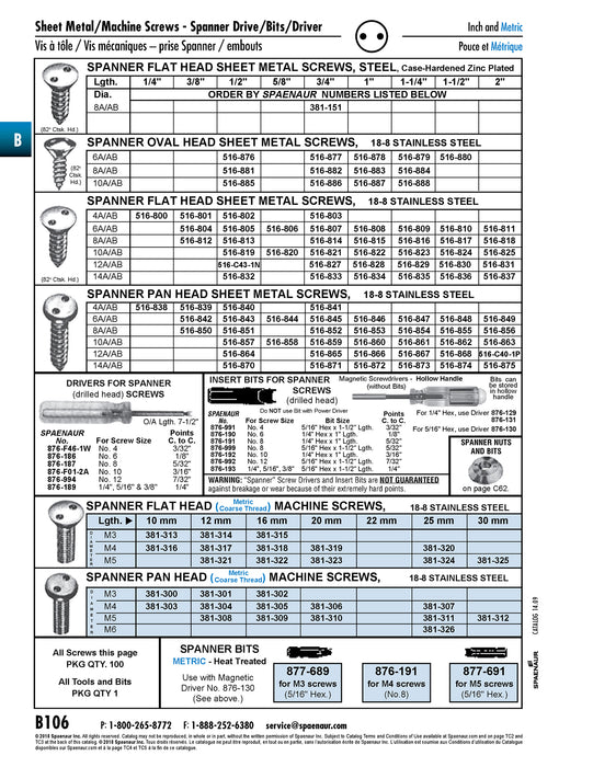 Tapping Screw, Pan Head Spanner Drive, 6A/AB x 1-1/2" Length, Stainless Steel
