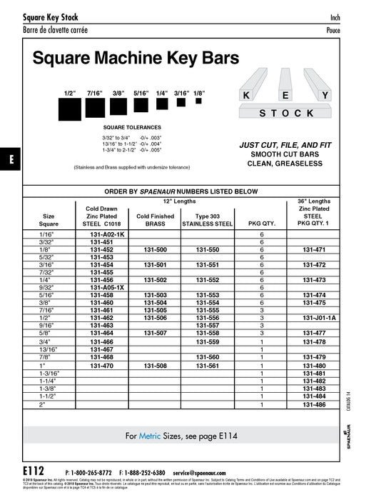 Square Key Bar 3/4" Square x 12" LG C-1018 Steel Zinc Plated