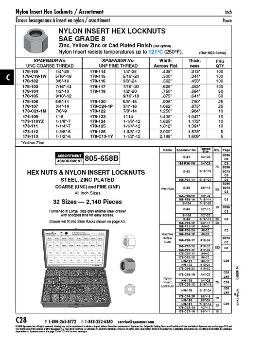Nylon Insert Hex Locknut, Standard 1 1/2"-6 UNC GR 8 Steel Yellow Zinc Dichromate by Spaenaur Inc.