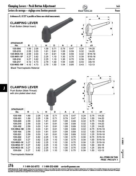 Levier de serrage à bouton-poussoir, mâle, longueur 2,05 po, goujon 1/4 po-20 x 1 po, hauteur totale 1,38 po, matériau thermoplastique, noir