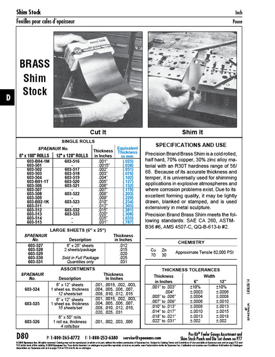 Shim Stock .031" (.787mm) TH x 6" x 100" Roll Brass Plain 100" Per Pack