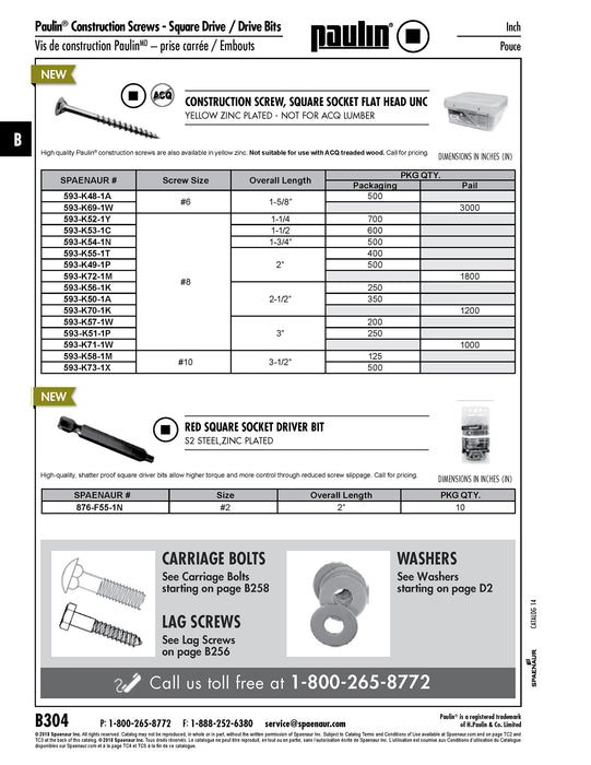 Construction Screw, Square Socket Flat Head UNC #8 x 2 1/2"LG Steel, Yellow Zinc Plated Not Acq Approved, 350Pc Per Pk