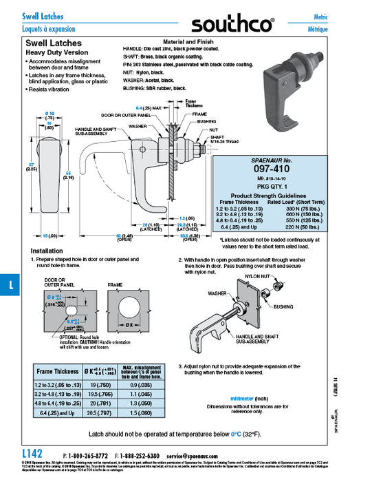 Swell Latch, Heavy Duty .130" to .190" Frame THK x .766" DIA Hole Die Cast Zinc, Black Polyester Powder Coat by SouthCo