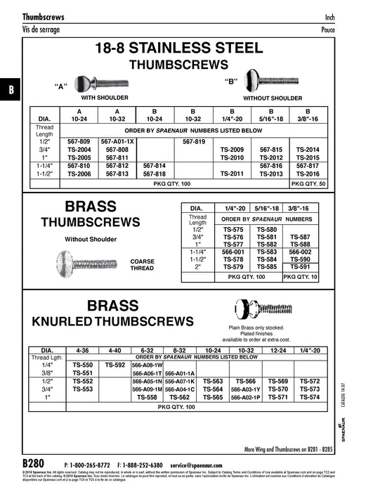 Thumb Screw, without Shoulder, 1/4"-20 UNC x 1" Brass Plain Finish