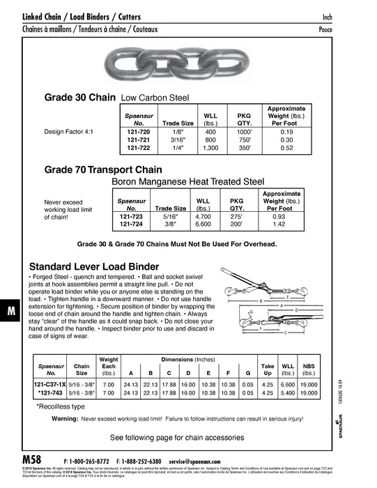 Dispositif de fixation de charge, type à levier Taille maximale de la chaîne 5/16"-3/8" Capacité de charge 6 600 lb Acier forgé, traité thermiquement