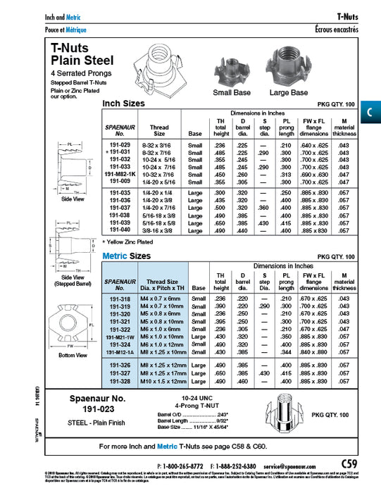 T-Nut with 4 Prongs, Large Base 1/4"-20 UNC x .300" O/A HT Steel Plain by Spaenaur Inc.