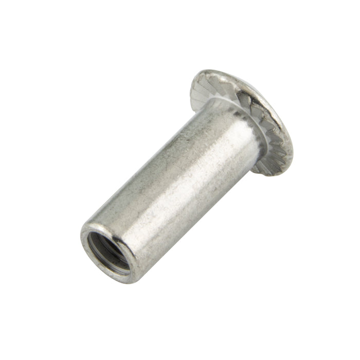 Sleeve Nut Oval Countersunk Slot HD #8-32 UNC x 3/8" L, x 11/32" Head DIA x 1/4 Bar DIA Brass, Nickel Plated tolerances: Overall Length: 13/32" +/-.015" Barrell DIA. : 1/4" +/-.005" Tap Depth 1/4" Minimum Slot: .040" Wide +/-.015" x .030" Deep