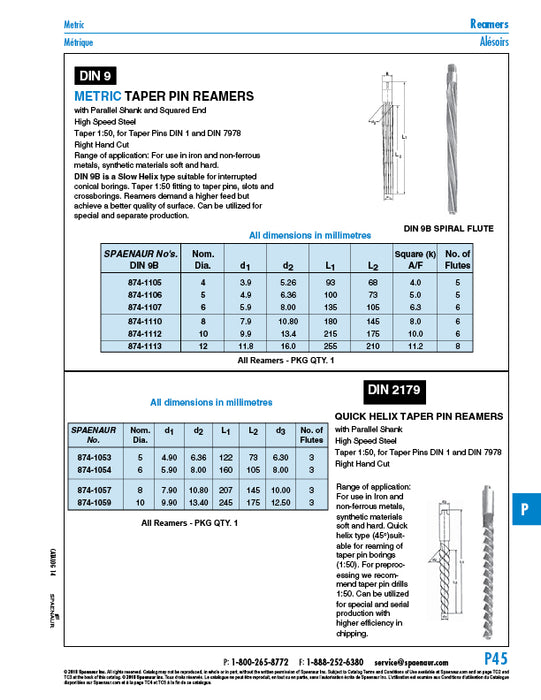 Taper Pin Reamer, Spiral Flute: Taper 1:50, DIN 9-form B 8 mm High Speed Steel Plain DIN 9B 8 by Spaenaur Inc.