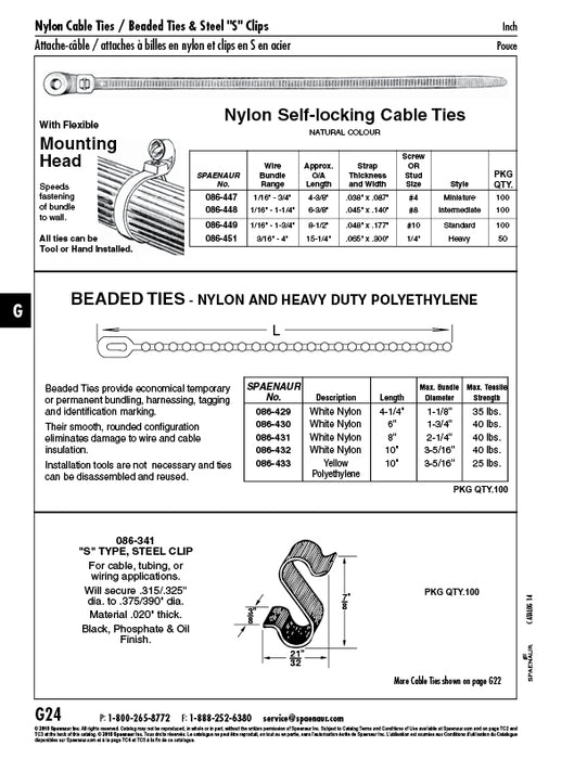 Cable Tie - Miniature,with Flexible Mounting Head 1/16"-3/4" x 4 3/8" Oal Strap Natural Nylon by Spaenaur Inc.