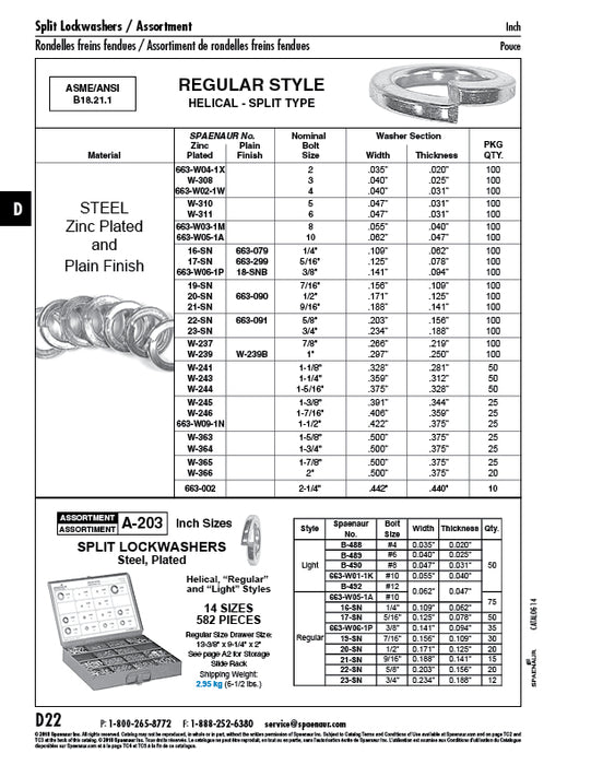 Boulon à rondelle fendue hélicoïdale standard taille n° 8 (largeur 0,055 po x épaisseur 0,040 po) en acier au carbone traité thermiquement et zingué ANSI B18.21.1-Dernière version