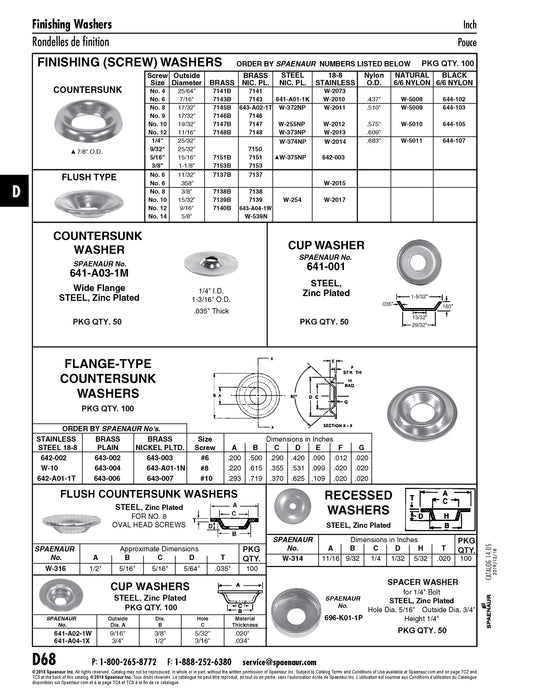 Countersunk Finishing Washer, for #10 Bolt Size, 19/32" OD, Brass Nickel Plated by Spaenaur Inc.