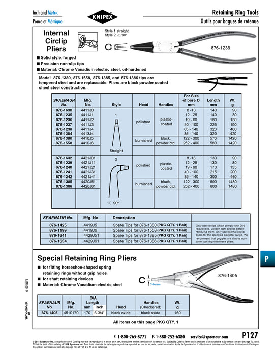Internal Circlip (Ret.Ring) Pliers for 19-60mm Bore DIA (180mm LGTH) Chrome Vanadium Steel,Polished Head Plastic-Coated Handles