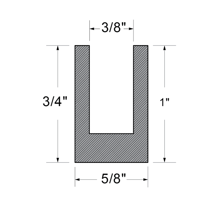Extruded "U" Shaped Rubber Channel 3/8" Slot Width x 1/8" Leg Width x 3/4" Slot Depth x 1" O/A Depth x 50 Ft/Coil, Black EPDM,Duro 55 +/-5 by Spaenaur Inc.