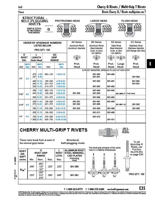 Cherry Q Rivet, Protruding Head 3/16" DIA x .376"-.500" Grip x .700" LGTH 302-304 Stainless Steel
