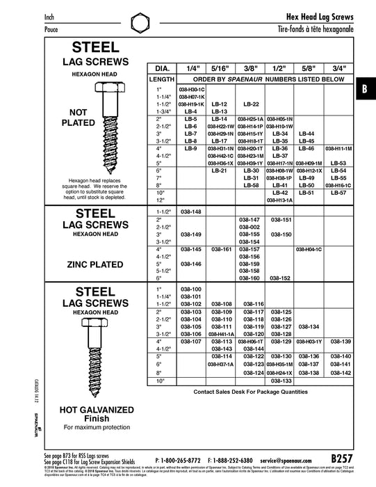 Lag Screw, Hex Head, 1/4" x 1-3/4" Length, Steel Plain