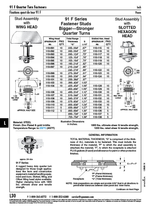 1/4-Turn Fastener Stud Assembly Slotted Hex Head for .515-.544" total Thickness Steel Zinc Plated W/ Gold Irridite by Spaenaur Inc.