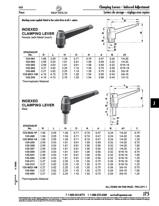 Indexed Clamping Lever, Male 3.03" Length, 1/4"-20 x 0.75" Stud 1.81" Overall Height Thermoplastic Material Black