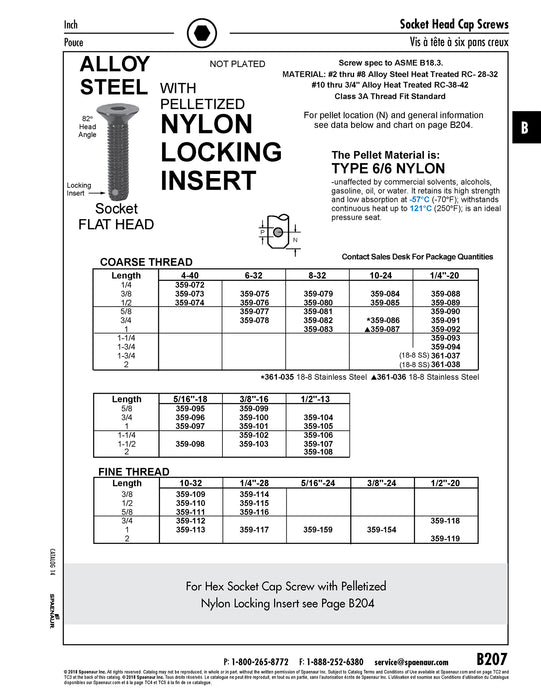 Flat Head Hex Socket Cap Screw with Pellet Nylon/Insert 1/2"-20 UNF x 3/4" LG Alloy Steel Plain / Nylon Insert ANSI B18.3-1986