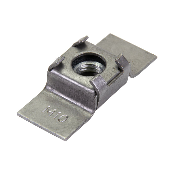 Écrou à souder, écrou flottant, dispositif de retenue M10, largeur de base 25/32 po x longueur hors tout 2 po, acier, finition lisse, par Spaenaur Inc.