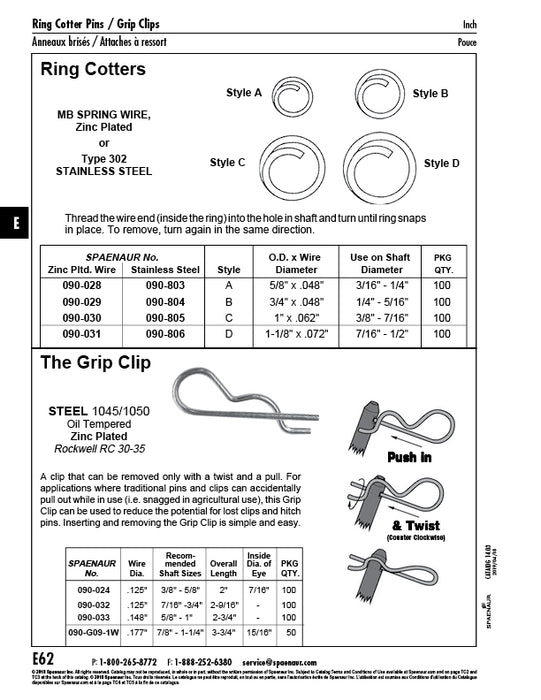 Pince de fixation pour tige de 7/16" à 3/4" Diamètre du fil : 0,125" x longueur totale : 2-9/16" Acier à ressort zingué par Spaenaur Inc.